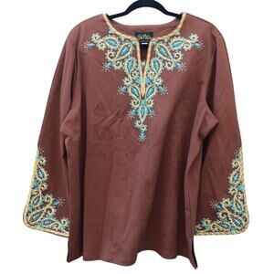 Bob Mackie Brown Embroidered Tunic Top Size 1X NWT Boho